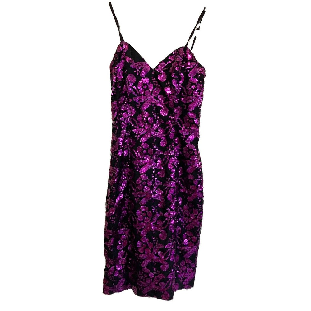 Alyce Designs Sequin Mini Dress Purple Black Swirl Vintage USA XS